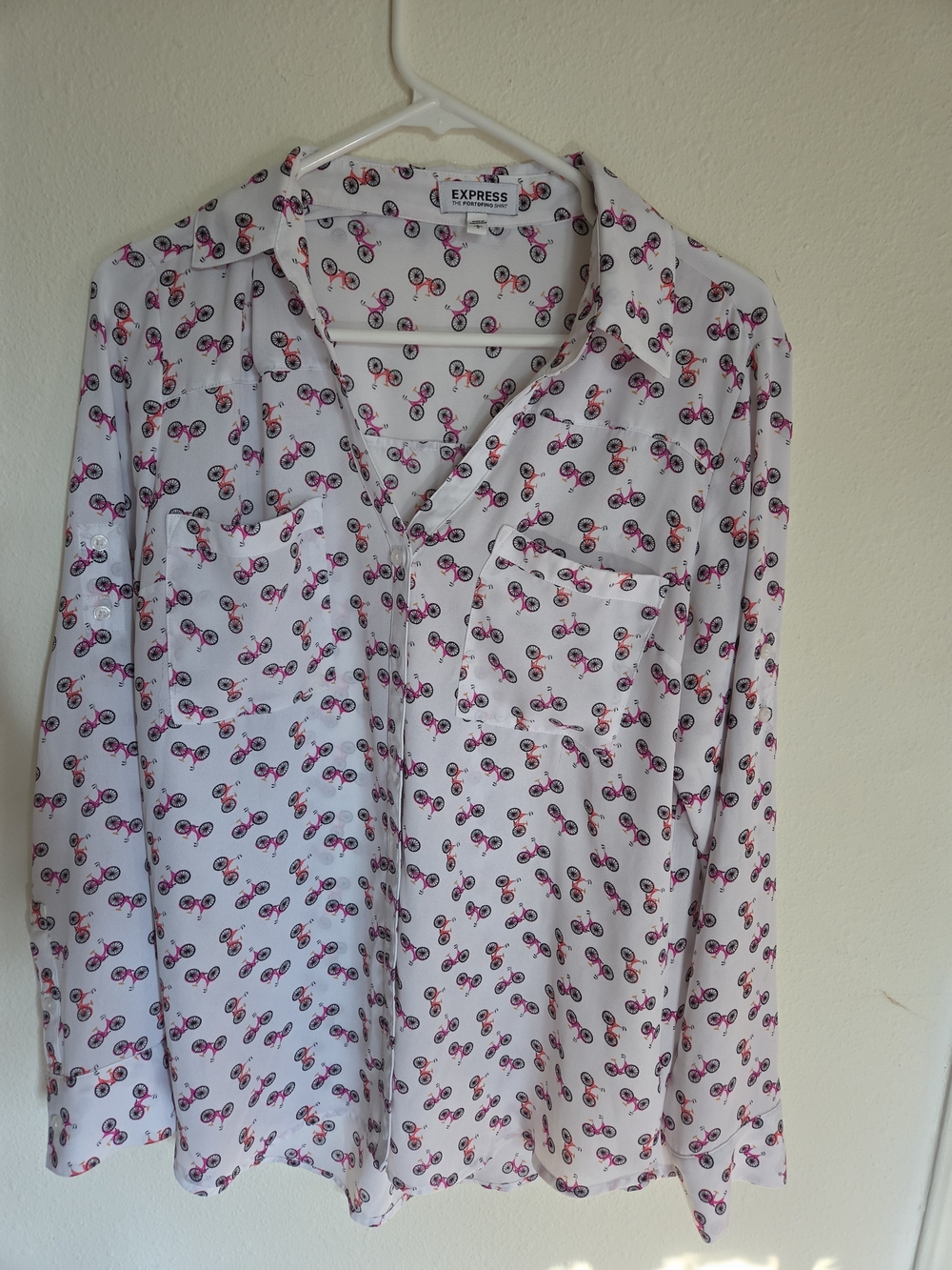 Express White Blouse with Pink and Black Bicycle Print